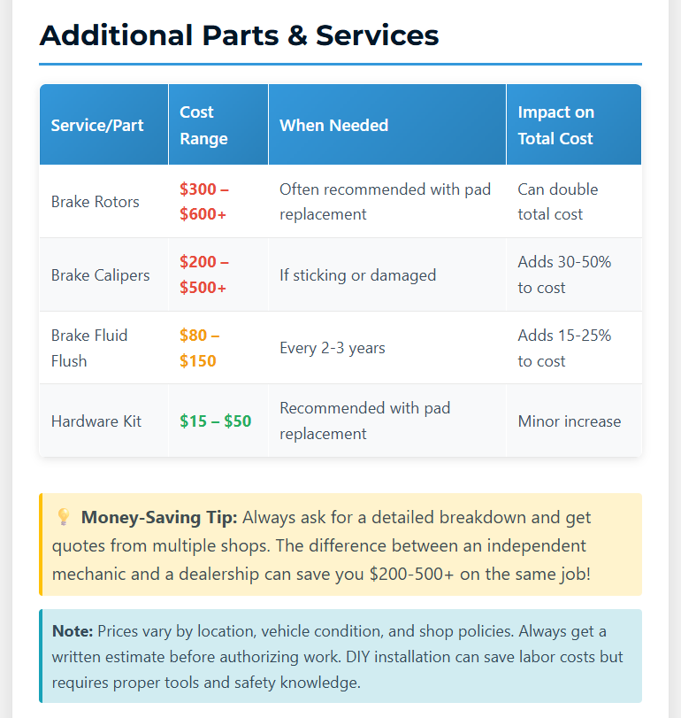 brake pad replacement cost parts and services