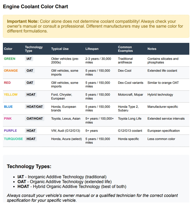 engine coolant colors chart